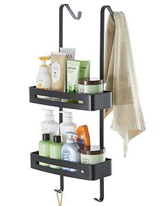 lot 27575 image: TZAMLI Hanging Shower Caddy Over The Door Shower Organizer, Aluminum Shower Shelf Bathroom Storage Rack with Hook and Basket (Black, 2-Tier)