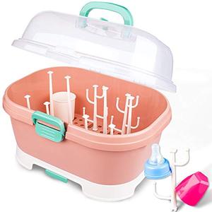 lot 27600 image: NiHome Baby Bottle Storage Drying Rack Portable Nursing Cutlery Box Container Anti-Dust Protect Lid Cover Dish Organizer Drain Board Easy-Carry Handle Holder Home Kitchen Travle Outdoors Attom (Pink)