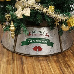 lot 27601 image: Darnassus Metal Christmas Tree Collar Christmas Tree Ring 29 Inch Diameter Base Durable Galvanized Metal Christmas Tree Skirt for Christmas Tree Decor (Silver)