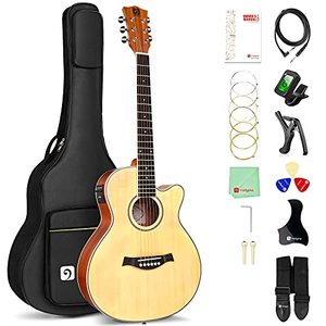 lot 27621 image: Vangoa 34 Size Acoustic-Electric Cutaway Guitar Bundle Junior Travel 36 Inch Acoustic Guitar Spruce Top with 2-Band EQ and Gig Bag