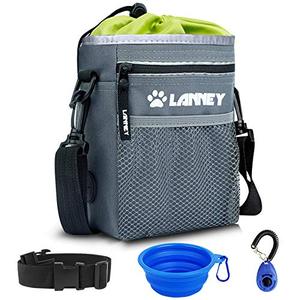 lot 29096 image: Dog Treat Pouch Pet Training Bag for Small to Large Dogs, Treat Tote Carry Kibble Snacks Toys for Training Reward Walking, Metal Clip, Waist belt, Shoulder Strap, Poop Bag Dispenser, Clicker, Bowl