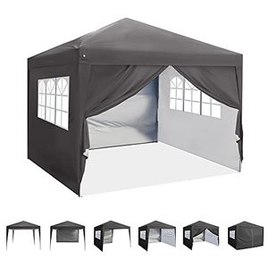 lot 29114 image: ASTEROUTDOOR 10x10 Pop Up Canopy with Sidewalls, Adjustable Leg Heights, Windows, Wheeled Carry Bag, Stakes and Ropes, Gray