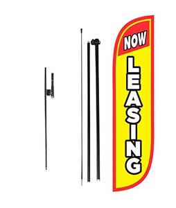 lot 29121 image: LookOurWay Now Leasing Feather Flag Complete Set with Poles & Ground Spike, 5-Feet