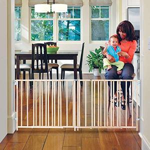 lot 34407 image: Toddleroo by North States 103 Wide Extra Wide Swing Baby Gate Perfect for Oversized Spaces. No Threshold. One Hand Operation. Hardware Mount. Fits 60- 103 Wide (27 Tall, Sustainable Hardwood)