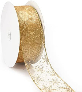 lot 1604 image: Gold Glitter Snowflake Organza Ribbon, for Christmas Home Decor, Gift Wrapping, Bow Making, Wreath, DIY Crafts 3 pack
