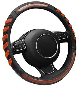 lot 1616 image: Sport Style Black Leather Steering Wheel Cover,Brown Grip Steering Wheel Cover,Universal Fit 14.5-15.25 inch Steering Wheel