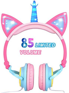 lot 1622 image: Glowing Unicorn Kids Headband Headphones Cat Ear Headphones with LED Light Adjustable Foldable for Kids Travel School Tablet Birthday Gift Pink