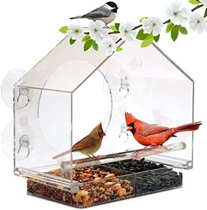 lot 3022 image: Window Bird House Feeder by Nature Anywhere with Sliding Seed Holder and 4 Extra Strong Suction Cups. Large Outdoor Birdfeeders for Wild Birds. Birdhouse Shape.