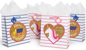 lot 3023 image: 4 Pack Gift Bags Kids Birthday with Ribbon Handles, Gold Foil and Gift Tag- for Childrens Birthday Party, Girl and Boy, Large 10 in by 12 in by 4.75 in, 2 Designs, Pink Unicorn and Navy Blue Truck
