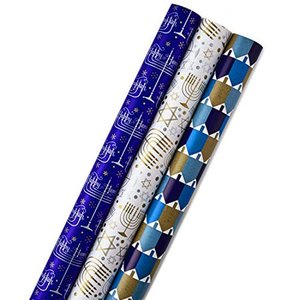 lot 3028 image: Hallmark Tree of Life Hanukkah Wrapping Paper Bundle with Cut Lines on Reverse, Blue and White (Pack of 3, 140 sq. ft. ttl.)
