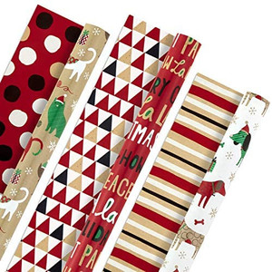 lot 3033 image: Hallmark Christmas Reversible Wrapping Paper Bundle, Pets and Patterns (Pack of 3, 120 sq. ft. ttl) Cats, Dogs, Stripes, Polka Dots, Paw La La La