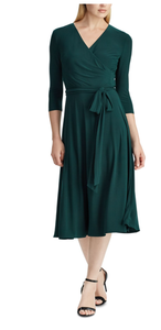 lot 3079 image: Womens Green 34 Sleeve V Neck Tea-Length Faux Wrap dress size large