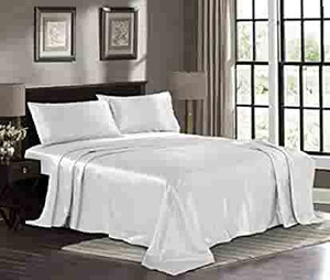 lot 4136 image: Deluxe Silky Microfiber 1800 Count Satin Sheet Set, Deep Pocket Fitted Sheet, Top Sheet, Pillowcases. King Size