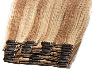 lot 6209 image: Double Weft 100% Remy Human Hair Clip in Extensions Highlight Highlighted Full Head Thick Long Straight 8pcs 18clips(14  14 inch 120g,#12613 Light BrownBleach Blonde