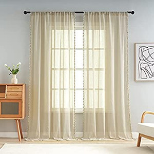 lot 7197 image: Selectex Sheer Curtains Pom Pom Decoration Panels for Living Room (52x63inch) Set of 2 Beige