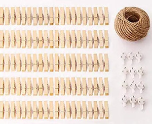 lot 7236 image: Hoocozi 100 Pcs Clip Photo Holder Wooden Clothespins Photo Pegs Craft Pictures Clips String Picture Hanger with Non-trace Nails Jute Twine