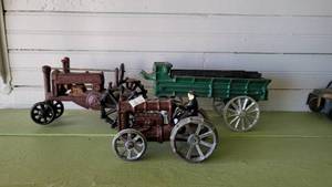 lot 2135 image: Lot of 2 Cast Iron Tractors and Hay Carriage