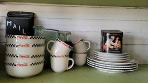 lot 2160 image: Lot of Coca Cola Collectibles - 12 Piece Dish Set and Tin Can with Pitcher