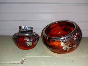 lot 20579 image: Vintage Red Glass Lighter and Ashtray