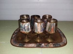 lot 20592 image: Brass and Abalone Shell Aperitif Set