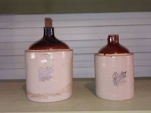 lot 33770 image: Lot Of 2 Western One With Broken Handle Stoneware Crock Jug
