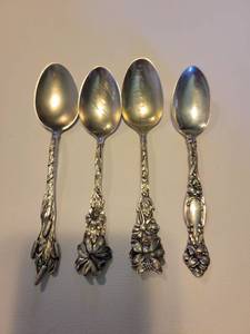 lot 262 image: Lot of 4 Sterling Silver Spoons with Intricate Floral Detail