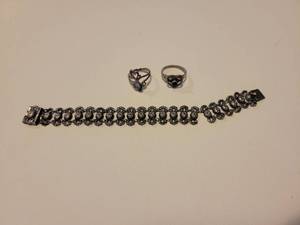 lot 293 image: 3 Piece Lot of Sterling Silver Antique Jewelry- 2 Pinkie Rings and Braclet ( needs repaired)