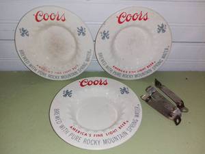 lot 1059 image: 3 Vintage Coors Ashtrays and 3 Bottle Openers