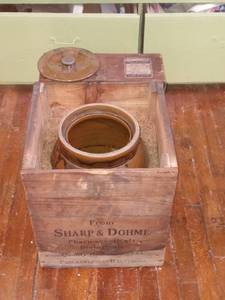 lot 33792 image: Antique Sharp & Dohme Box With Ceramic Jar Inside