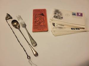 lot 312 image: Sterling Silver Candle Cover, Teaspoon l, Jayhawk Hotel Collectible Fork, Kansas City Red Book and Collection of First Day of Issue Stamps