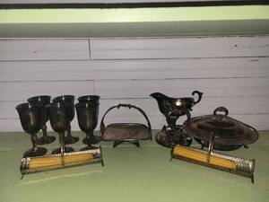 lot 1300 image: Lot of Silver Plated Dinnerware- Thin Metal Corn Holders, Gravy Dish, Soup Tureen, 6 Goblets, Biscuit Basket) - Needs Shined