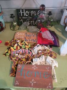 lot 1349 image: Wine Lovers Lot - Short Sleeve Wine Sleeves, Grape Bottles, Candle Holders, Wooden Placks