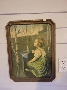 lot 1376 image: Antique Wooden Framed Portrait of Girl in Green Dress