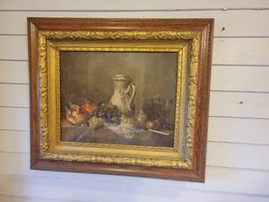 lot 1377 image: Ornate Wooden Gilted Framed Painting of Fruit and Wine