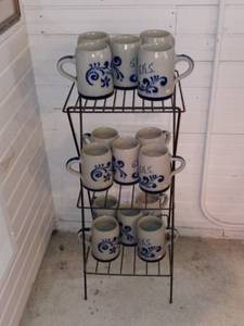 lot 33775 image: Lot Of 15 Vintage Goebel Salt Glazed Mugs With Small Wrought Iron Rack