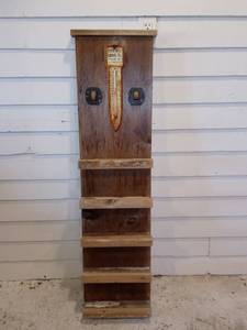 lot 33776 image: Rustic Homemade Shelf For Wine Display Etc With Rich Hill Grain Co. Thermometer