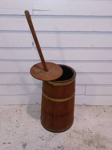 lot 33780 image: Primitive Wooden Brass Banded Butter Churn
