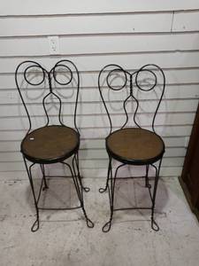lot 33784 image: Lot Of 2 Tall Wrought Iron Wood Seat Twist Ice Cream Parlor Chairs