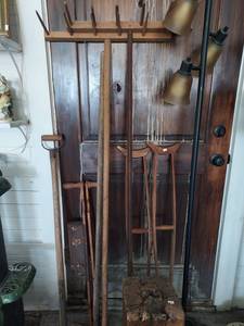 lot 67005 image: Lot of Primitive Wooden Rakes, Crutches and Seed Planter