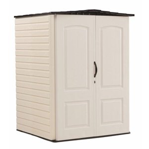 lot 4240 image: Rubbermaid 5 x 6 ft Large Storage Shed, Sandstone &amp Onyx - Retail $812.99