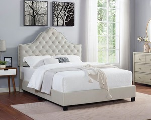 lot 4198 image: Round Hill Furniture Floris Panel King Bed Beige Velvet - Retail $359.90