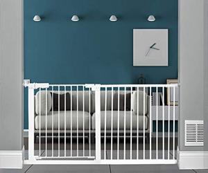lot 8138 image: WAOWAO Narrow Baby Gate Easy Walk Thru Pressure Mount Auto Close White Metal Child Dog Pet Safety Gates Stairs,Doorways,Kitchen and Living Room 24.02-81.50 in (White, 53.94-57.87)