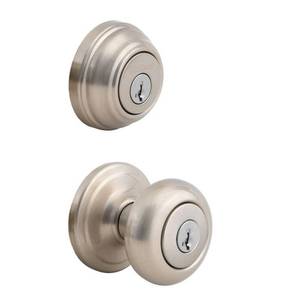 lot 8254 image: Kwikset 991 Juno Keyed Entry Door Knob and Sgl Cyl Deadbolt Combo Pack in Satin Nickel