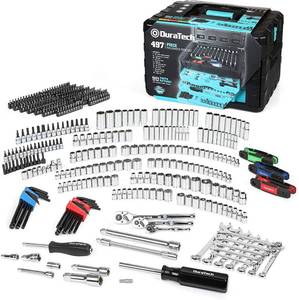 lot 8122 image: DURATECH 497-Piece Mechanics Tool Set, Include SAEMetric Sockets, 90-Tooth Ratchet and Wrench Set in 3 Drawer Tool Box