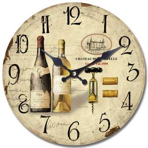 lot 31014 image: Yosemite Circular Wooden Wall Clock with Two Bottles Of Wine Print