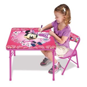 lot 31116 image: Minnie Mouse Blossoms & Bows Jr. Activity Table Set with 1 Chair ( SLIGHT RIP IN TABLE SEE PICTURES)