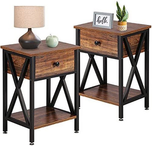 lot 31268 image: VECELO Nightstand Modern Side End SofaTable Night Stand with Bin Drawer for Living Room Bedroom, Set of 2,Industrial Metal Frame, Table, Brown
