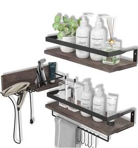 lot 31272 image: LYNNC 3 in 1 Rustic Floating Shelves, Decorative Storage Shelves with Towel Bar, Wall Mounted Shelves Holder for Bathroom, Kitchen & Bedroom - Set of 3 Shelves