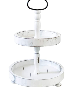 lot 31004 image: Paper And Pallet Wood Tiered Serving Stand, Two Tiered Tray, Rustic Farmhouse Kitchen Decor with Metal Handle and Distressed White Finish for Coffee Bar Decor, or Cupcake Stand (White)