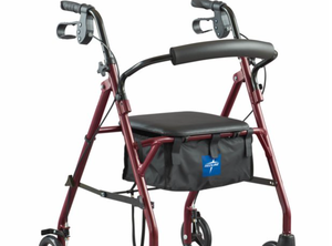 lot 31338 image: Medline Steel Rollator Walker, Folding Rolling Walker, 6 Wheels, 350lb Weight Capacity, Burgundy Red Frame